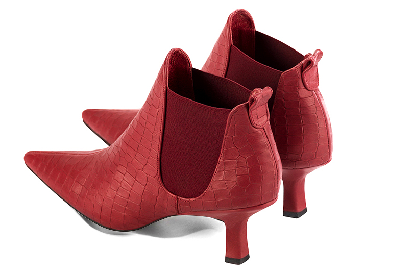 Scarlet red women's ankle boots, with elastics. Pointed toe. Medium spool heels. Rear view - Florence KOOIJMAN